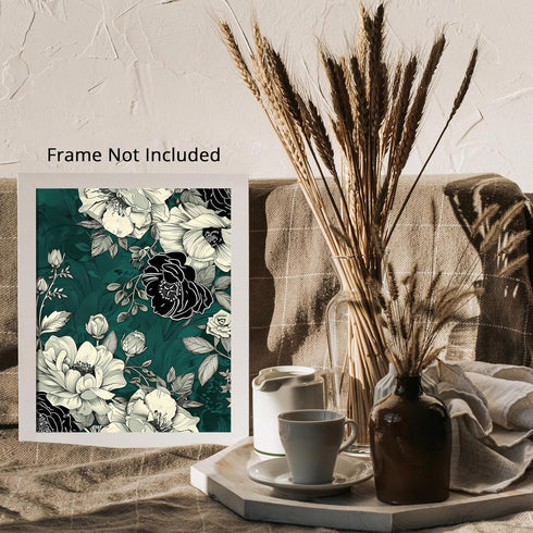 Posterizer 1 pcs-white and black flowers with green background-Floral & Botanical Art-Abstract & Modern Art-Decor for Home & Office- UNFRAMED Wall...